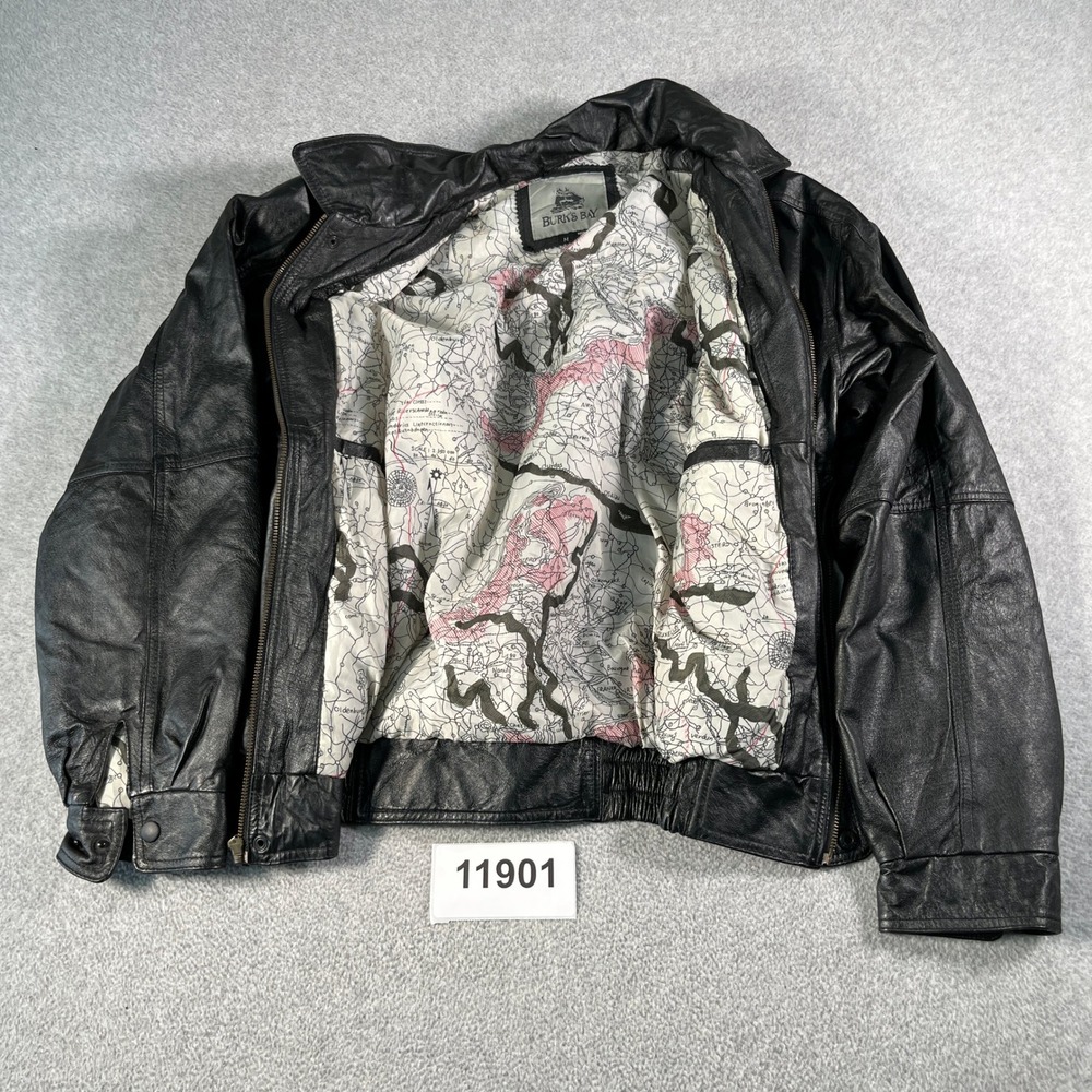 Vintage Burk's Bay Leather Jacket Mens Medium Black Lined Collared Full Zip